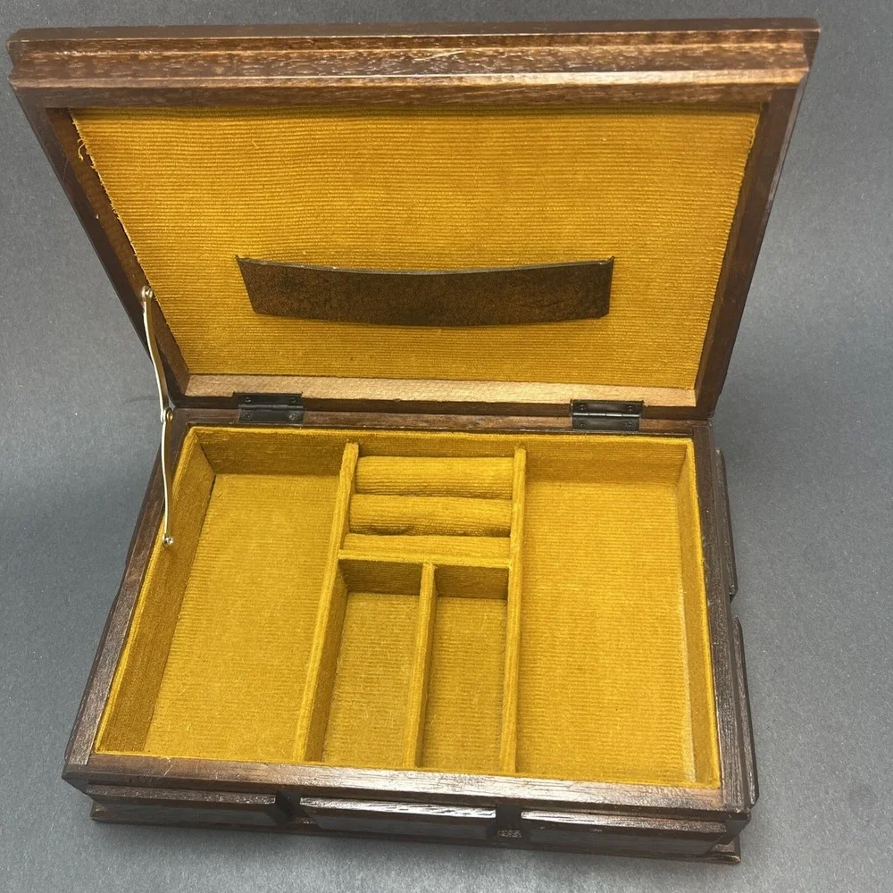 Vintage London Leather Wood & Leather Jewelry Box, Brass Studs Gold Velvet Lined